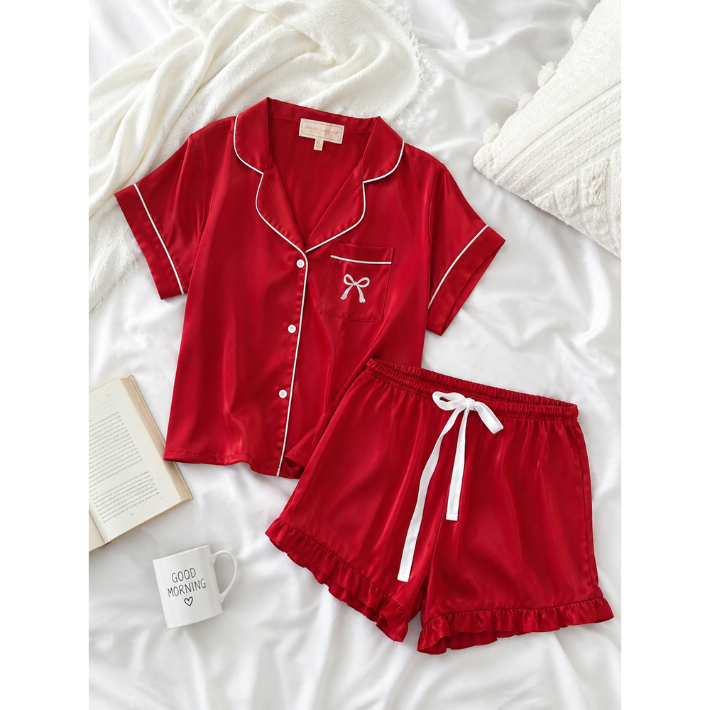Simply Southern Pajama Set XL Red Satin Button up Top Ruffle Shorts Loungewear